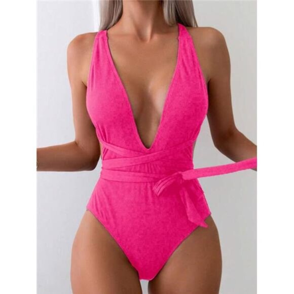 Women's One-Piece Swimsuit With Deep V-Neckline, Waist Knot Design, Solid Color - Picture 1 of 4